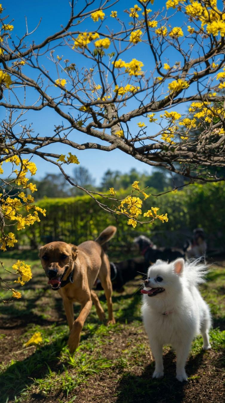 Dos perros jugando bajo un árbol de cortez amarillo en flor en el jardín de Cozy, en Santo Domingo de Heredia